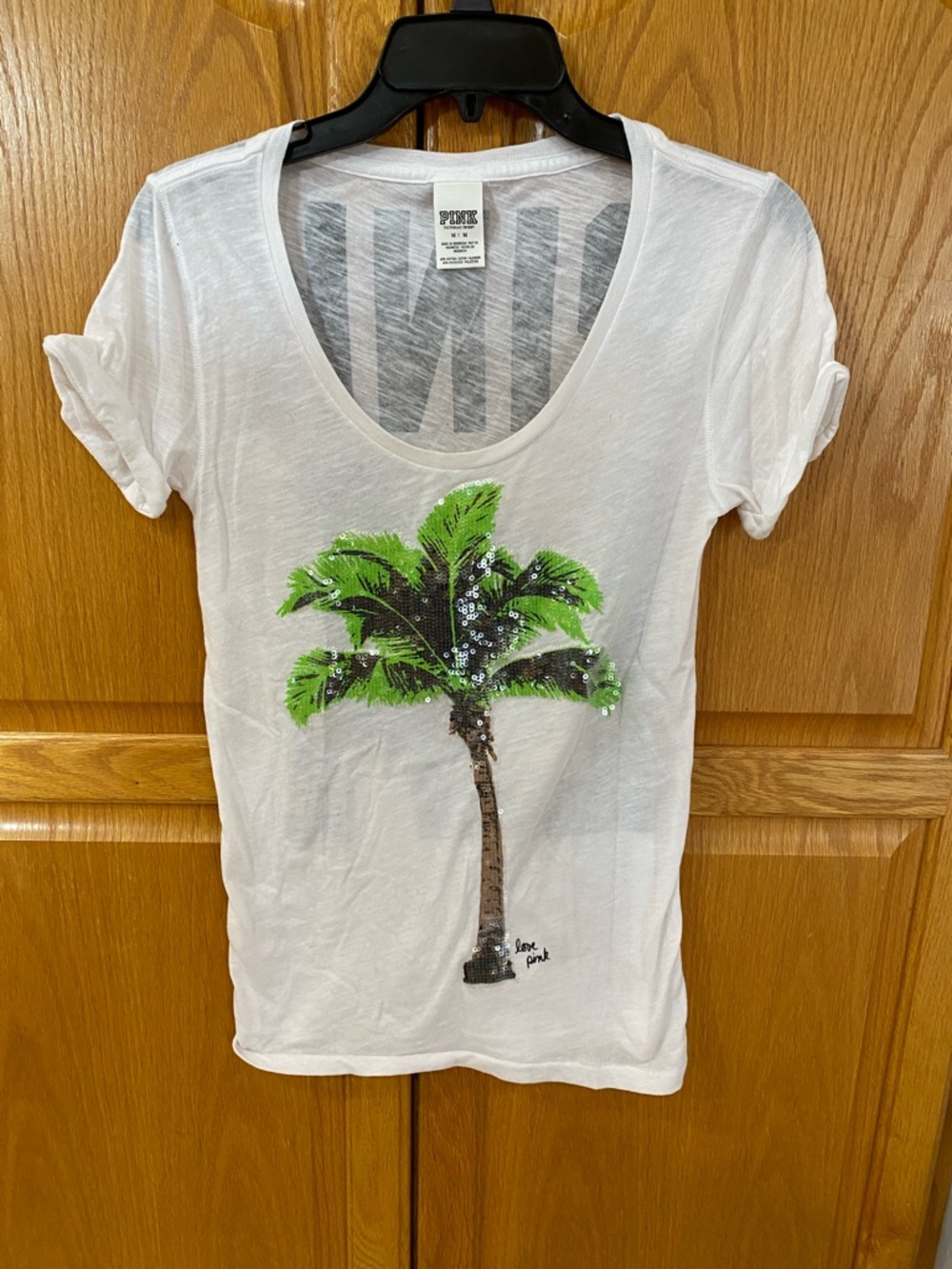 PINK Victoria's Secret White Tee with Green Palm Tree Sequin Accent. Size medium